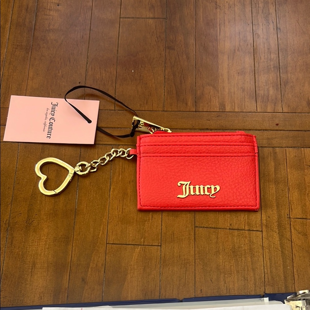 Juicy Couture Red Card Holder with Gold Heart Charm. Key chain coin purse.